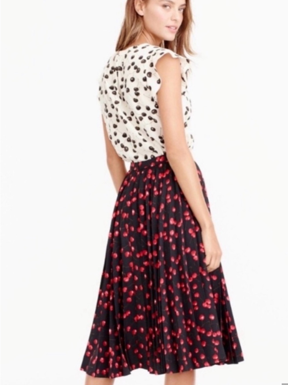 J. Crew Black Pleated Skirt with Red Cherry Print